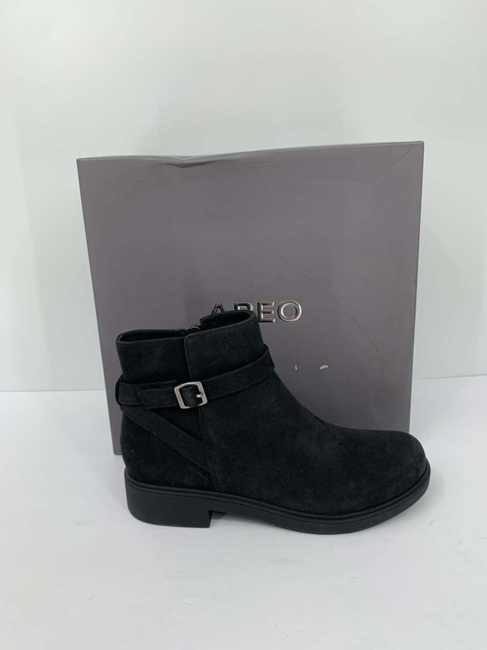 Abeo Compass Buckle ankle boot shoe black leather suede zipper comfort new 7.5
